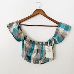 Urban Renewal Teal and Cream Plaid Top NWT M/L
